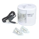 Hegyező, k&eacute;tlyuk&uacute;, asztali, elemes, USB t&ouml;ltővel, RAPESCO PS12-USB, feh&eacute;r