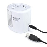 Hegyező, k&eacute;tlyuk&uacute;, asztali, elemes, USB t&ouml;ltővel, RAPESCO PS12-USB, feh&eacute;r
