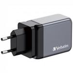 H&aacute;l&oacute;zati t&ouml;ltő, 2xUSB-C PD (65W), USB-A QC 3.0, EU/UK/US, GaN, VERBATIM