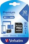 Mem&oacute;riak&aacute;rtya, microSDHC, 32GB, CL10/U1, 90/10 MB/s, adapter, VERBATIM Premium
