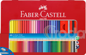 Faber-Castell Színes ceruza-készlet 48db-os háromszögletű GRIP + kiegészítők fém dobozban (48db alap szín +1db ecset +1db Grip grafitceruza +1db hegyező)