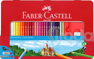 Faber-Castell Színes ceruza-készlet 48db-os hatszögletű kastélyos + kiegészítők fém dobozban (48db alap szín +2db Grip grafitceruza +1db hegyező +1db radír)