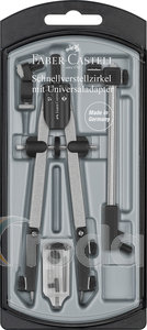 Faber-Castell Műszaki körző készlet gyorsállítóval állítható lábakkal,adapterrel,hosszabbító rúddal + kiegészítőkkel ezüst színben