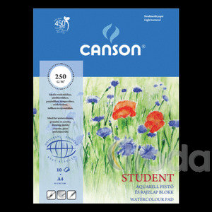 Akvarellblokk, finoman texturált, 10 lap, A4, 250g, CANSON STUDENT, ragasztott
