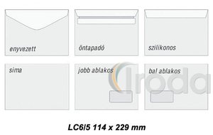 Boríték LC6/5 enyvezett jobb ablak 45x90mm, speciális elhelyezés: J20, A15, 114x229mm gépi töltésre