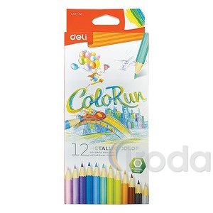 Színesceruza készlet, háromszögletű, DELI ColoRun METALLIC, 12 különböző szín