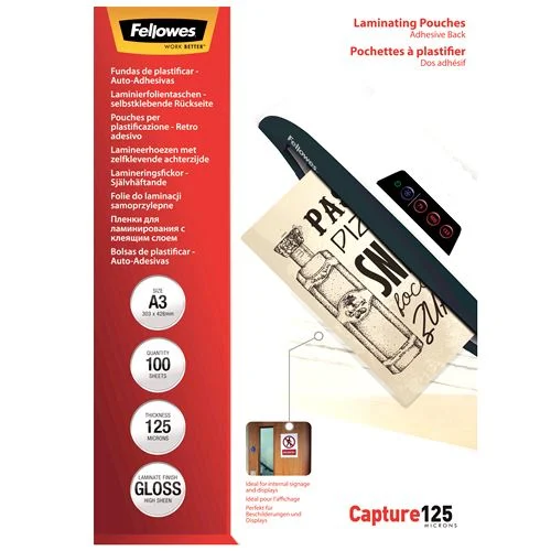 FELLOWES öntapadó lamináló fólia A3, 125mic, 100db/doboz