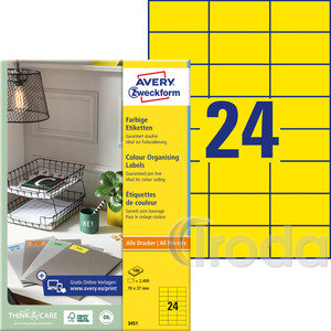 Etikett Avery 3451, 70x37mm sárga, 100 lapos (2400 címke)
