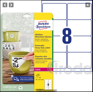 Avery visszaszedhető időjárásálló fehér poliészter címke 99,1 x 67,7 mm, 20 lap/csom,