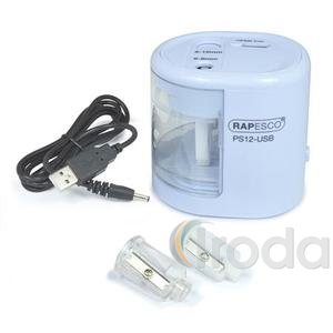 Hegyező, kétlyukú, asztali, elemes, USB töltővel, RAPESCO PS12-USB, világos kék