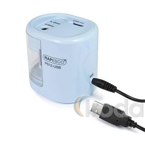 Hegyező, kétlyukú, asztali, elemes, USB töltővel, RAPESCO PS12-USB, világos kék