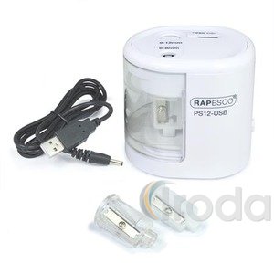 Hegyező, k&eacute;tlyuk&uacute;, asztali, elemes, USB t&ouml;ltővel, RAPESCO PS12-USB, feh&eacute;r