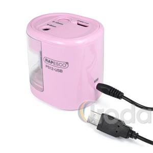 Hegyező, kétlyukú, asztali, elemes, USB töltővel, RAPESCO PS12-USB, világos rózsaszín