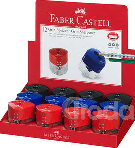 Faber-Castell Hegyező  dupla tartályos GRIP átlátszó test vegyes színben (piros,kék,fekete), (standard és Jumbo ceruzához)
