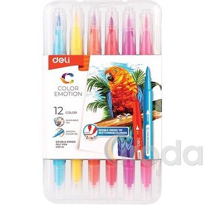 Ecsetfilc készlet, 2:1, kimosható, DELI COLOR EMOTION, 12 különböző szín