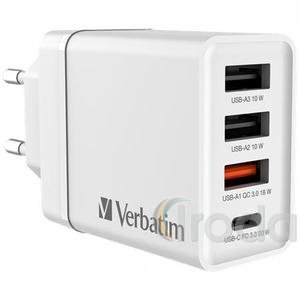 Hálózati töltő, 1xUSB-C PD (20W), USB-A QC 3.0, 2xUSB-A (10W), VERBATIM, fehér