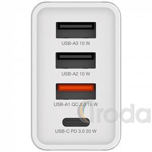 Hálózati töltő, 1xUSB-C PD (20W), USB-A QC 3.0, 2xUSB-A (10W), VERBATIM, fehér
