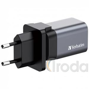 H&aacute;l&oacute;zati t&ouml;ltő, 1xUSB-C PD (35W), USB-A QC 3.0, EU/UK/US, GaN, VERBATIM