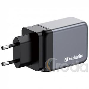 H&aacute;l&oacute;zati t&ouml;ltő, 2xUSB-C PD (65W), USB-A QC 3.0, EU/UK/US, GaN, VERBATIM