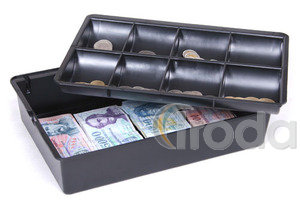 Pénztartó tálca, érmék és bankjegyek számára, 8+1 rekesz, fekete, 330x230x75 mm