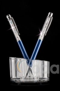 Golyóstoll 'MADE WITH SWAROVSKI ELEMENTS', sötétkék, felül színjátszós  fehér kristályokkal töltve TOUCH 14cm