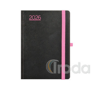 Agenda A5 napi Top Timer Nero fekete borító, pink gumiszalag, fehér lap 2026.év