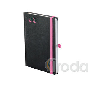 Agenda A5 heti Top Timer Nero fekete borító, pink gumiszalag, fehér lap,  2026.év