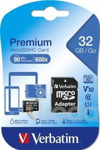 Mem&oacute;riak&aacute;rtya, microSDHC, 32GB, CL10/U1, 90/10 MB/s, adapter, VERBATIM Premium