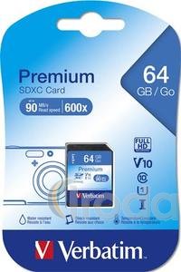 Memóriakártya, SDXC, 64GB, CL10/U1, 90/10 MB/s, VERBATIM Premium