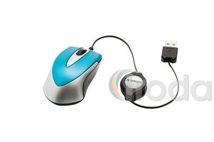 Verbatim ''Go mini'' vezetékes optikai egér, ezüst-karibikék, usb csatlakozás, visszahúzható vezeték, notebookhoz